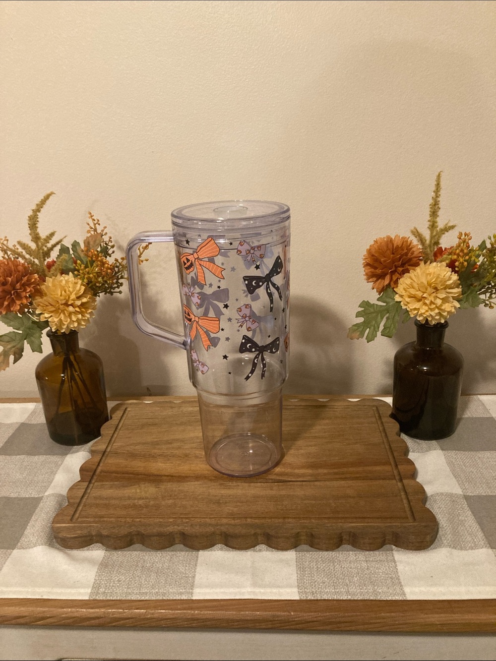 Clear Halloween Bow Travel Tumbler with Handle - Orange & Black